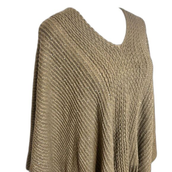 Ruana Style Tan Thick Knit Womens Wrap Hem Sweater Fringe Poncho Scoop Neck - Picture 2 of 6